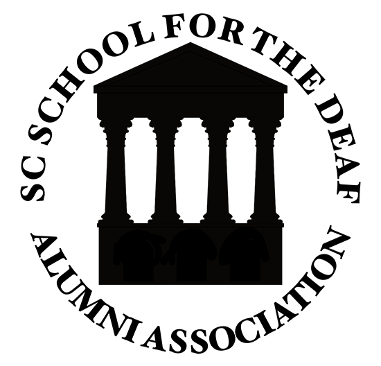 Round button logo of the historic Walker Hall with circular text "SC School for the Deaf Alumni Association"