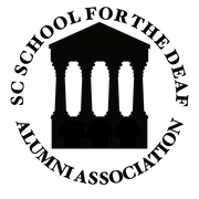 Circular text button logo with "SC School for the Deaf Alumni Association" surrounding the iconic columns of Walker Hall
