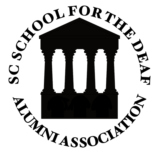 Round button logo of the historic Walker Hall with circular text "SC School for the Deaf Alumni Association"